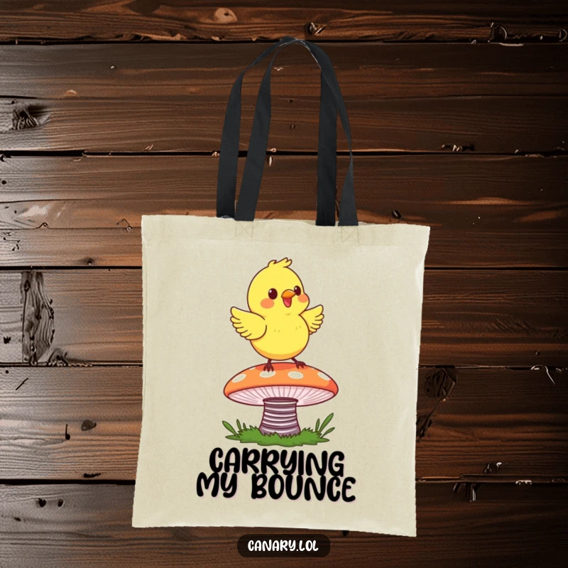 Funny Canary Bounce Tote Bag featuring a happy canary joyfully bouncing on a colorful mushroom, ready for errands.