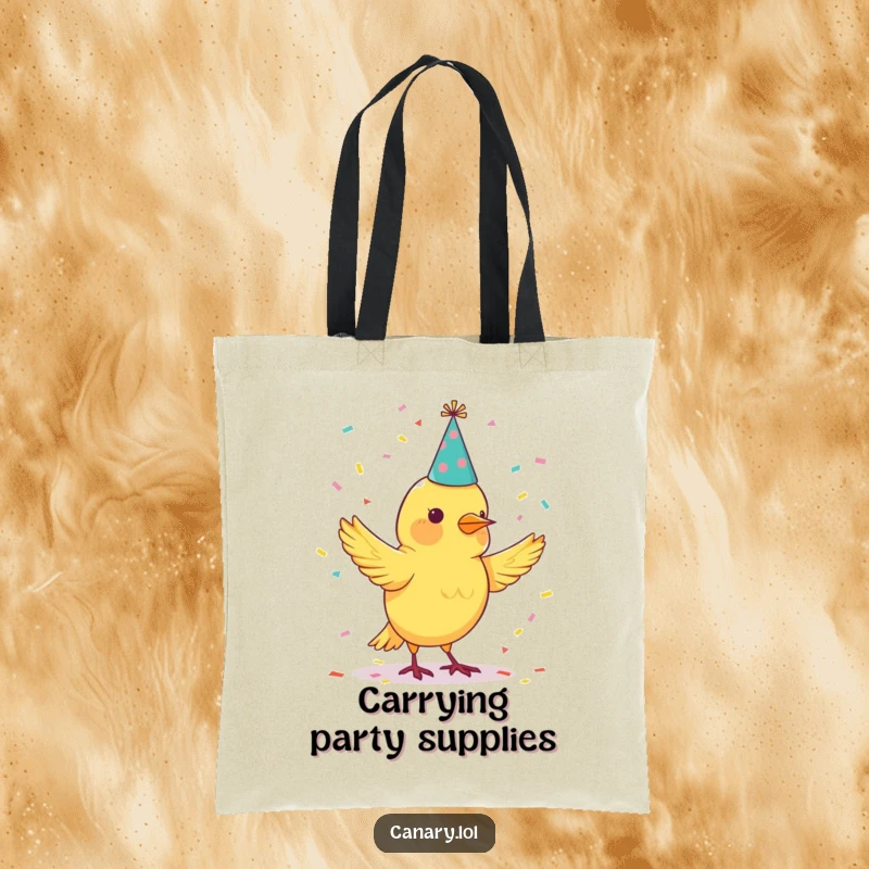 Funny tote bag with a canary bird wearing a party hat and juggling confetti, perfect for carrying party essentials.