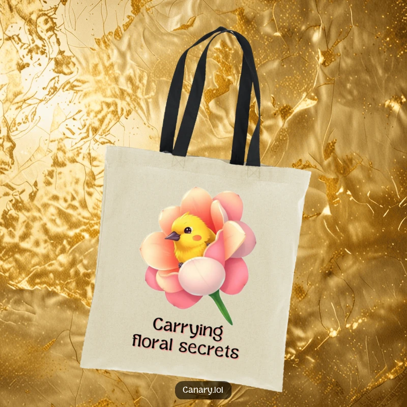 Funny tote bag featuring a curious canary bird peeking from a vibrantly colored flower, perfect for stylish and whimsical carrying.