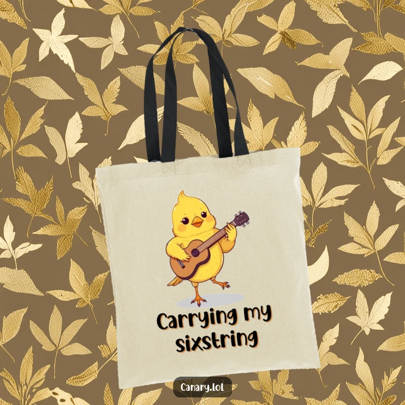 Funny Canary Guitar Tote Bag featuring a small canary playing a tiny guitar with its feet, ready for any musical adventure.