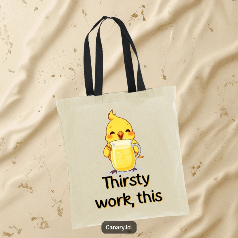 Funny canary bird tote bag, enthusiastically chugging from a tiny lemonade pitcher, perfect for errands.