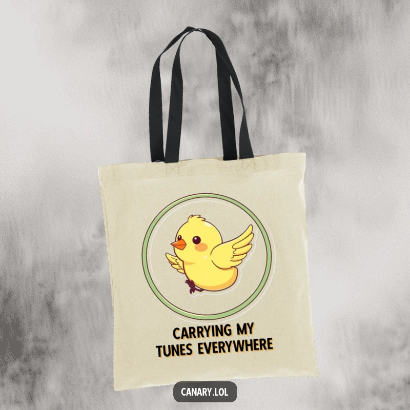 Funny tote bag displaying a cheerful canary mid-air, expertly flying in a delightful loop, bringing smiles wherever it goes.