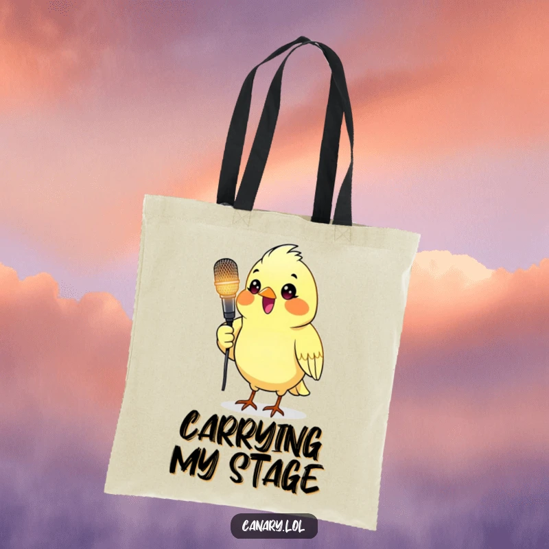 Funny tote bag with a canary bird holding a glowing microphone, perfect for music lovers and performers.