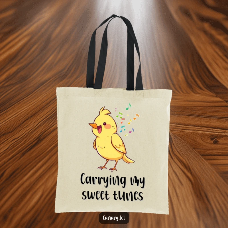 Funny canary bird tote bag, spilling a vibrant rainbow of musical notes, ideal for stylish, humorous everyday use.