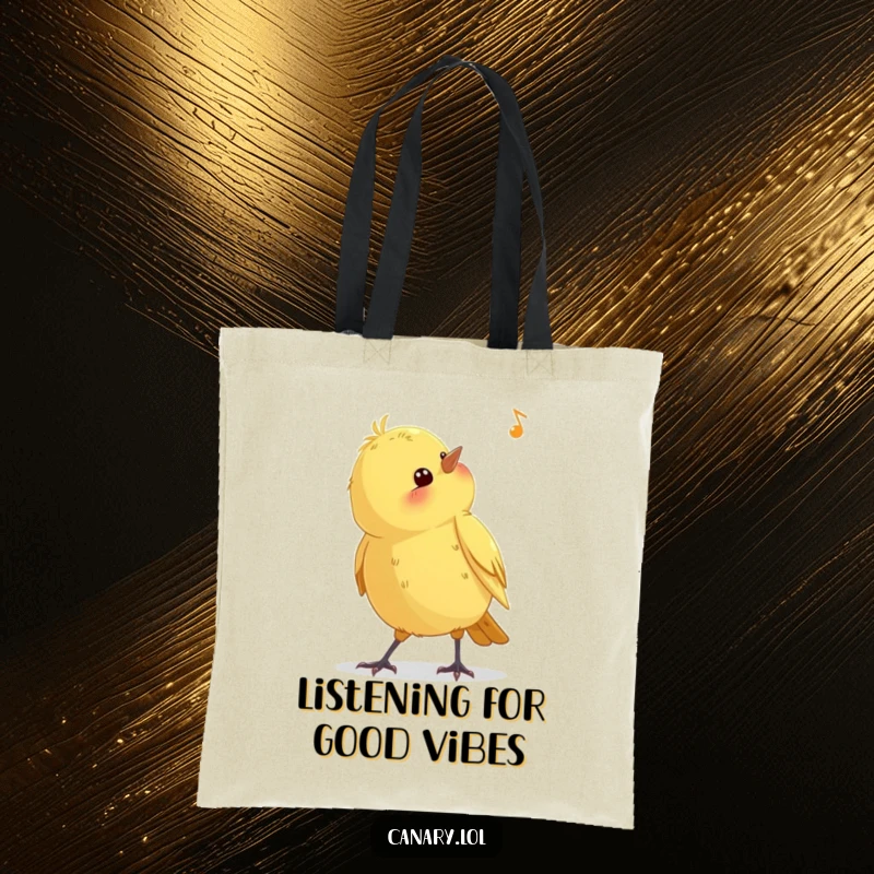 Funny curious canary bird tote bag, tilting head to listen, stylish and practical, ideal for carrying items with a humorous touch.