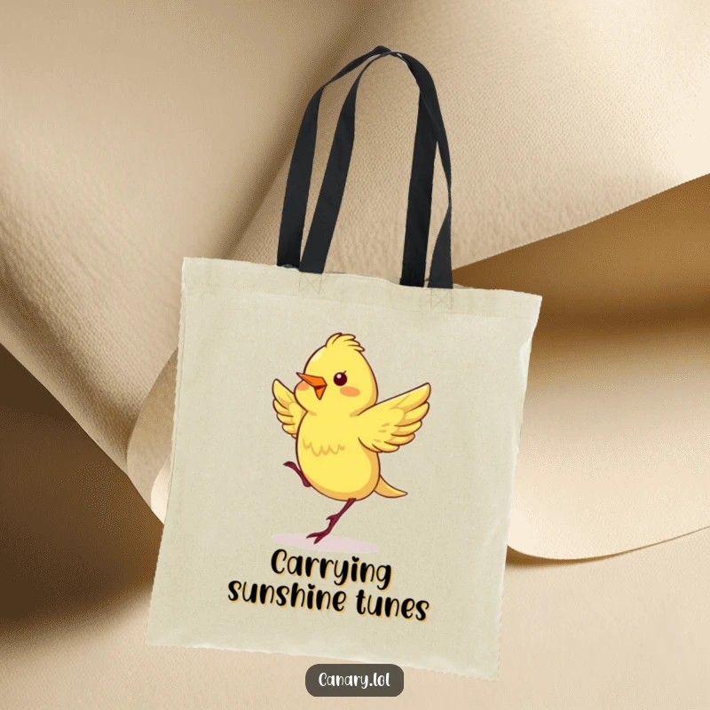 Funny tote bag showcasing a canary with rapidly fluttering wings, performing an enthusiastic happy dance, perfect for bird enthusiasts.