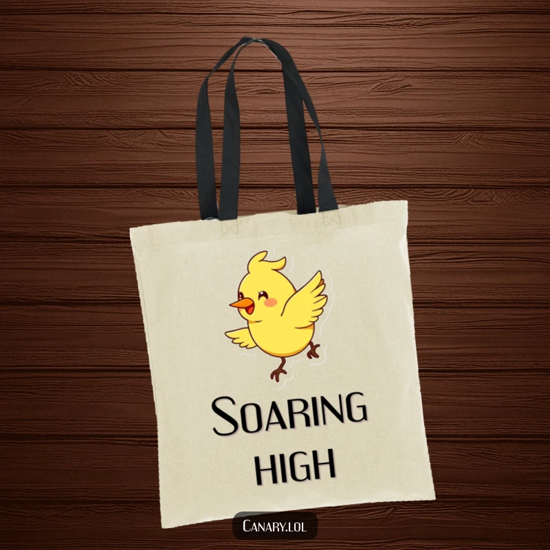 Funny stylized canary bird tote bag, exaggerated smile, flying in a cheerful arc, reusable joyful bag.