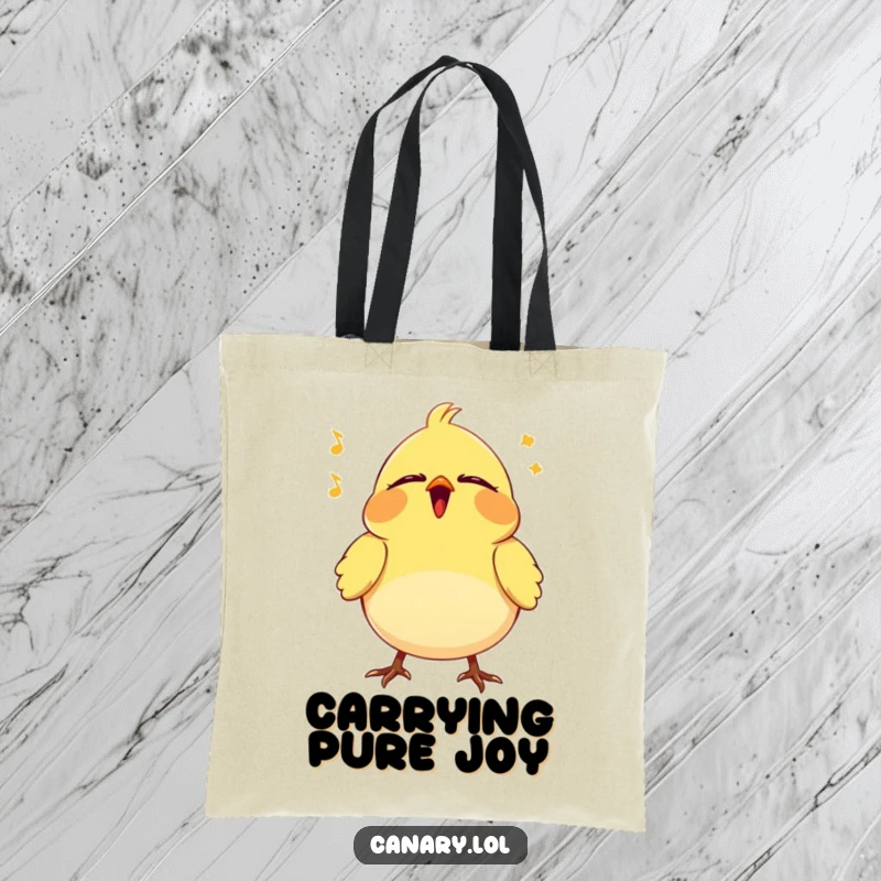 Funny Canary Tote Bag: Durable bag featuring a tiny bird vibrating with eyes closed, singing a happy song, perfect for tranquility.