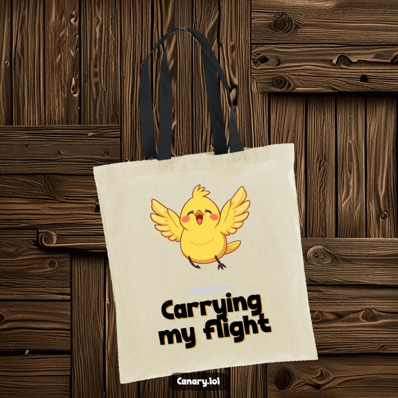 Funny Tote Bag: A cheerful canary bird with wings spread wide gracefully leaps, ready for exciting travels and daily adventures.