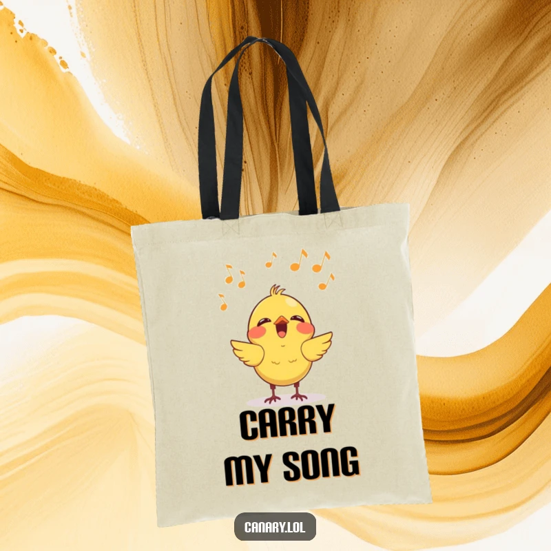 Funny kawaii canary singing tote bag, showcasing a cheerful bird with musical notes, ideal for carrying essentials with a musical, humorous touch.