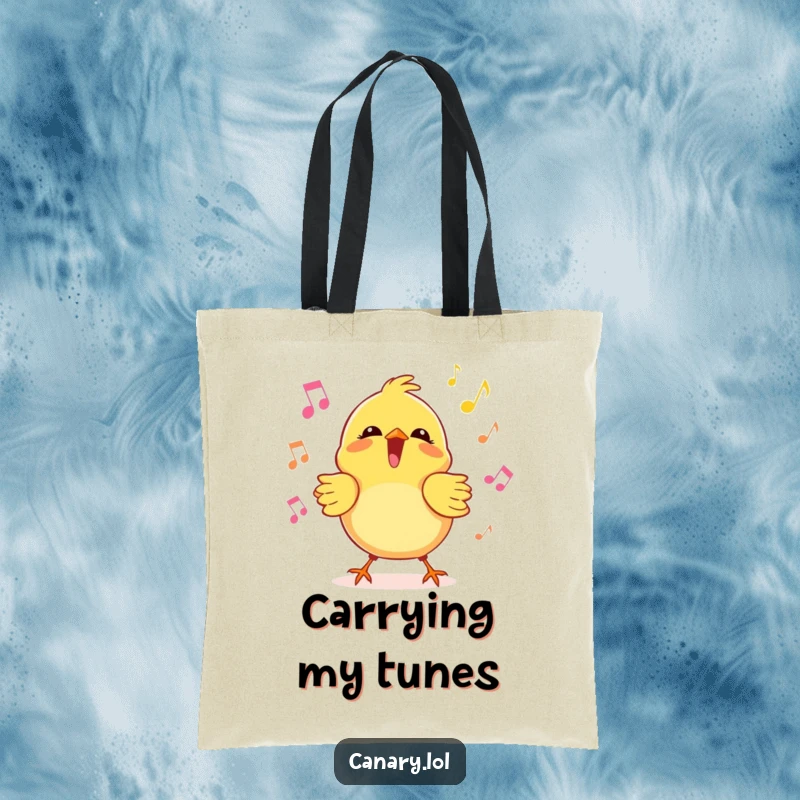 Funny kawaii canary tote bag featuring a bird singing joyfully with musical notes, a humorous and practical item.