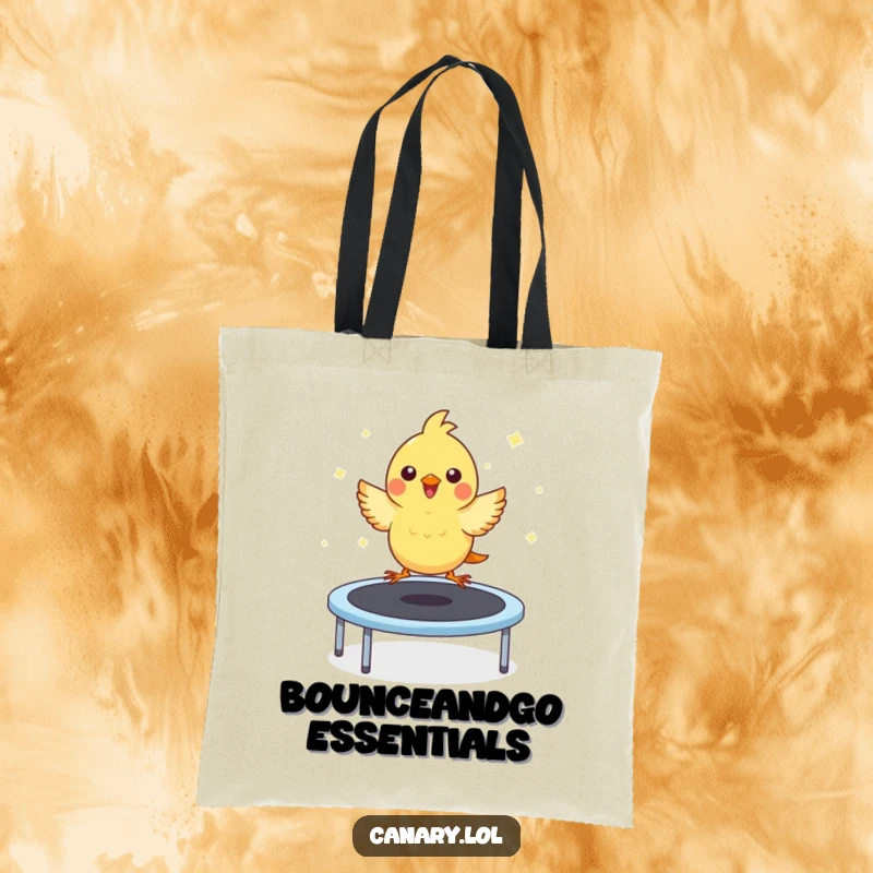 Funny tote bag featuring a kawaii canary with eyes squeezed shut in delight, powerfully bouncing on a trampoline with exuberant energy.