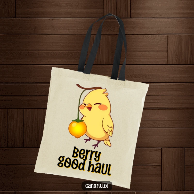 Funny canary bird tote bag, mischievous grin, pecking a glowing berry, practical and humorous accessory.