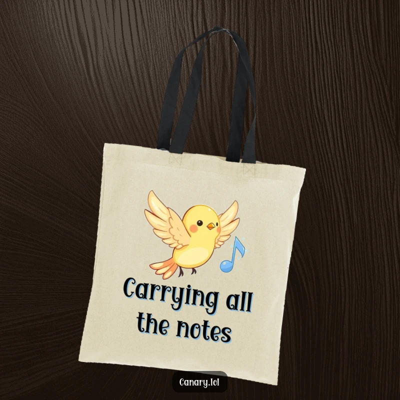 Funny musical canary tote bag, cheerful bird with wings spread, near a sparkling musical note, for carrying essentials.