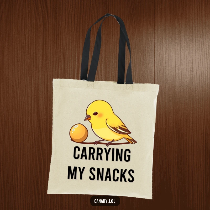 Funny Tote Bag: A small canary bird intensely pecks at a shiny seed, highlighting focus and determination in a stylish carry-all.