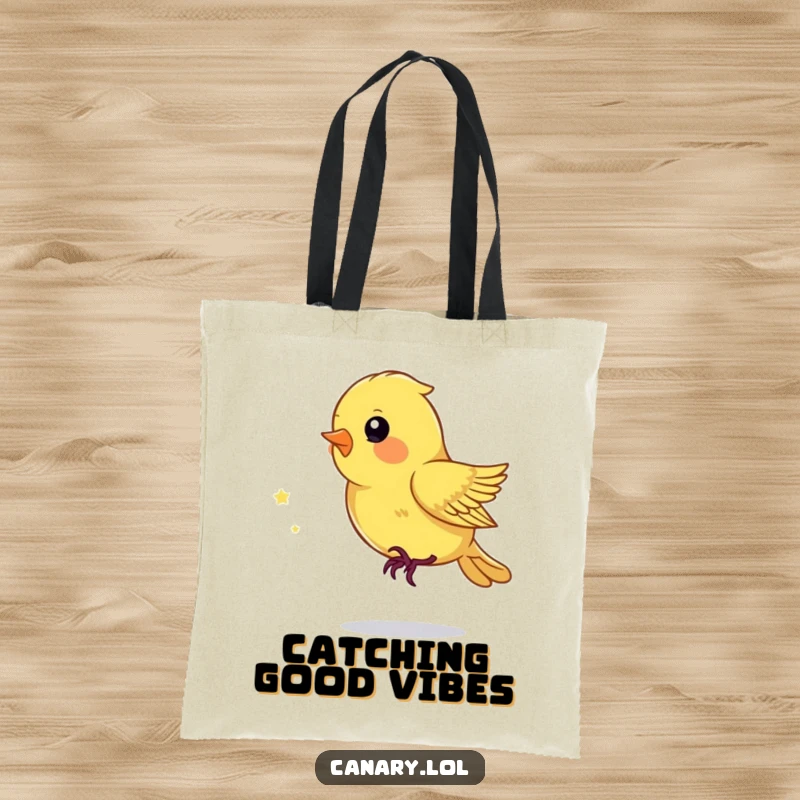 Funny Tote Bag with a playful canary bird chasing a sparkling dust mote, perfect for carrying items with joy.
