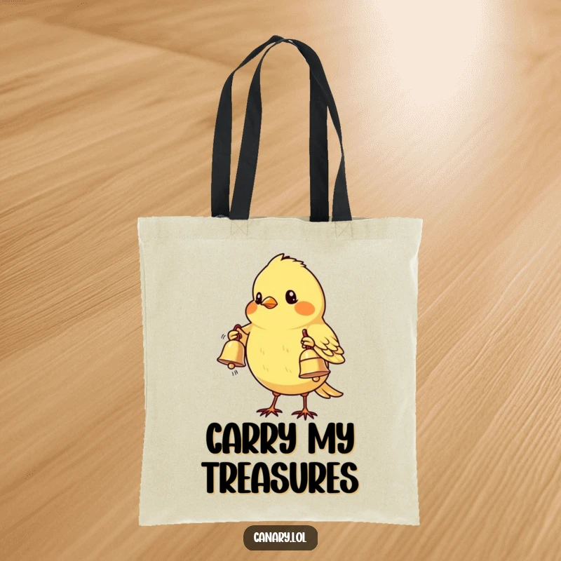 Funny Shy Canary Bird Tote Bag: A shy canary bird offers a delicate, shiny bell, a symbol of sweet gestures and humorous charm.