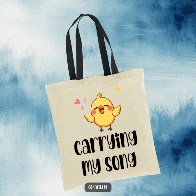 Funny Tote Bag illustrating a small, yellow bird with an open beak singing joyfully, symbolizing happiness and the uplifting power of music.