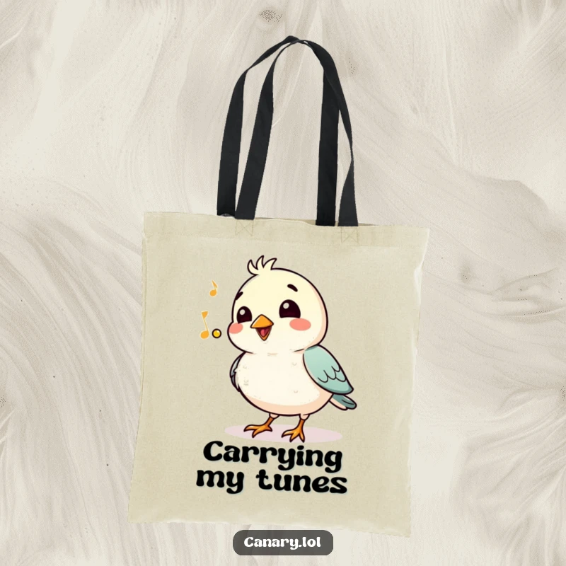 Funny Tote Bag: A bird with chest puffed out whistles a happy tune with a smile, perfect for carrying tunes and good vibes.