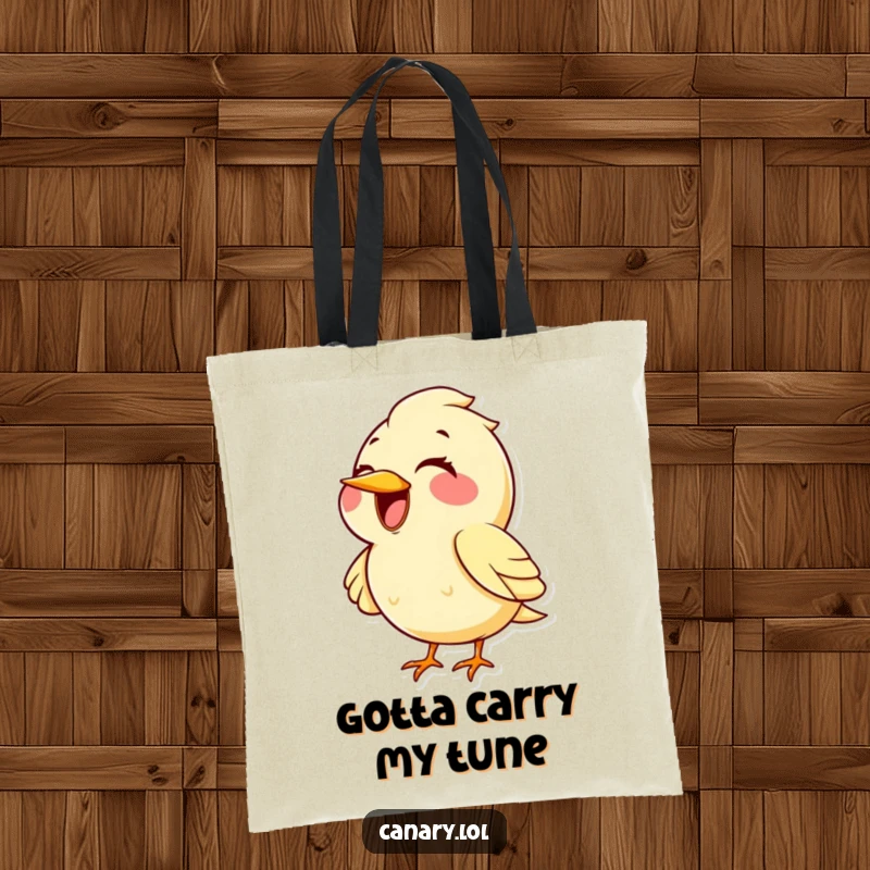 Funny kawaii canary bird tote bag, huge grin, singing a powerful high note. A stylish and humorous accessory for bird and music fans.