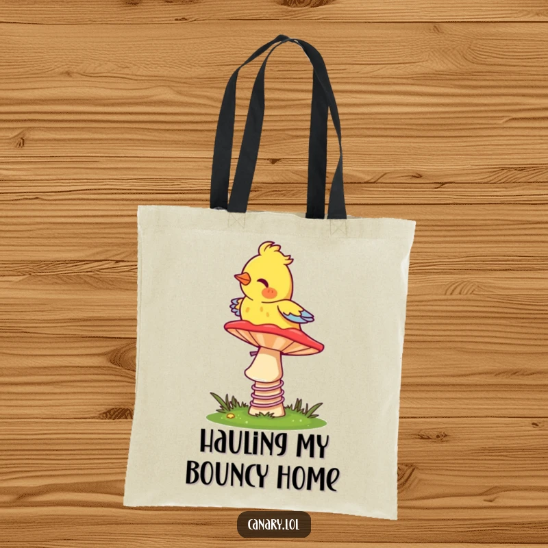 Funny Canary Tote Bag: A cheerful bird bouncing on a springy mushroom cap, designed for carrying your items with whimsical flair.