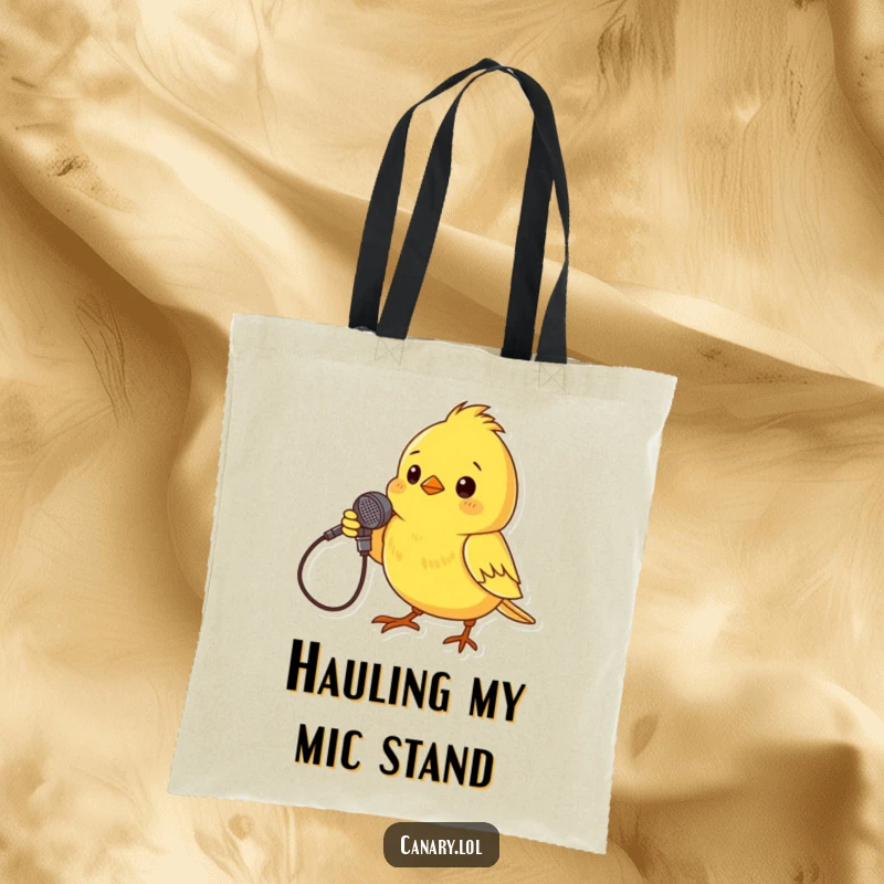 Funny Tote Bag print of a tiny yellow canary dramatically posing with a twig microphone, showcasing its singing talent humorously.