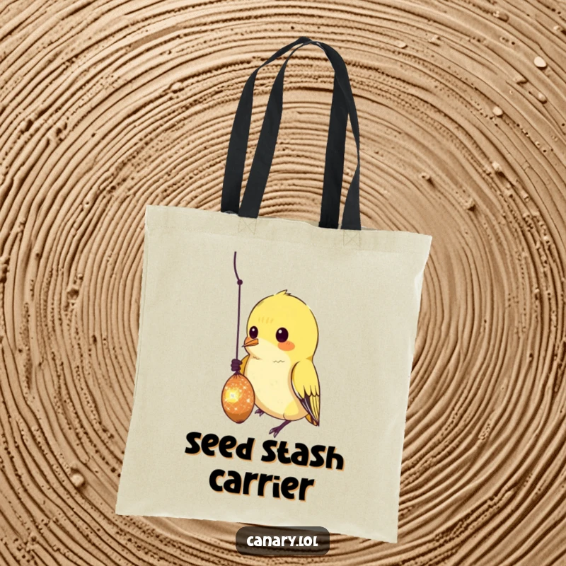 Funny Tote Bag featuring a curious canary bird pecking at a shiny, dangling seed, symbolizing focus and desire.