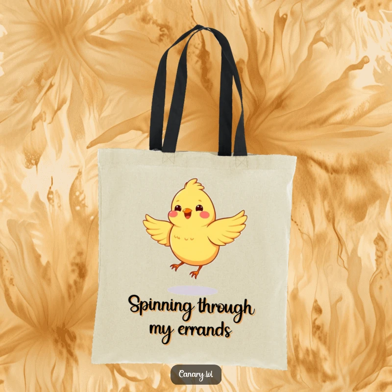 Funny tote bag featuring a happy canary spinning in a circle with wings flapping, a whirlwind of joy and energy on the go.