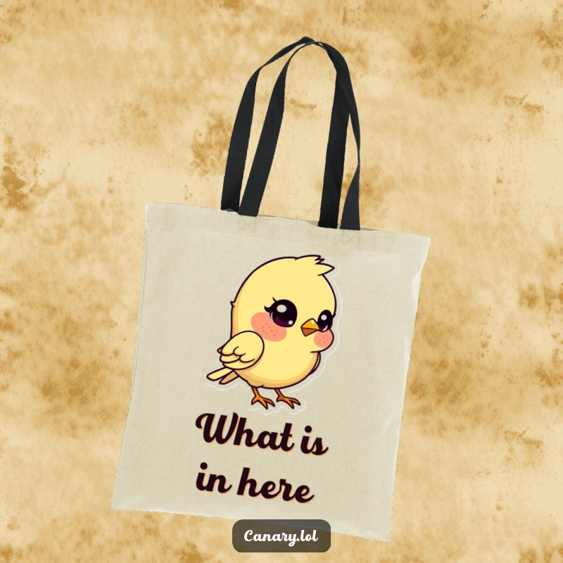 Funny kawaii canary bird tote bag, head tilted quizzically, a humorous and practical accessory.